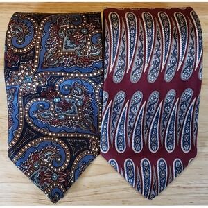 Stafford Mens Silk Paisley Tie Lot 2 Blue Burgundy Red Executive Neckties USA